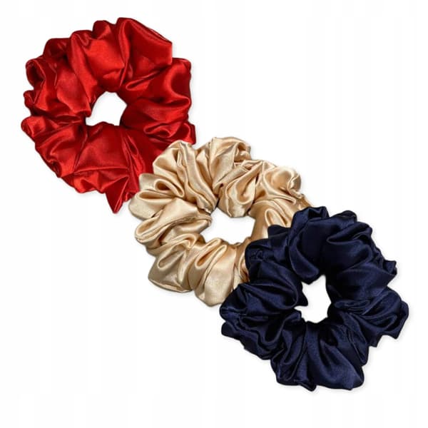 Sæt med 3 hårelastikker, satin elastik, 10 cm, rød, beige, marineblå