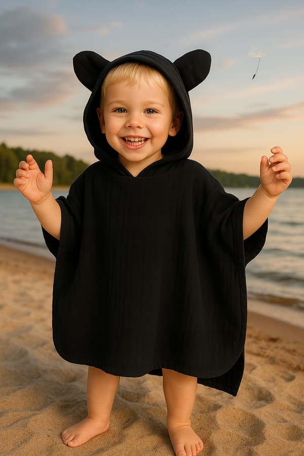 Børne MUSLIN KAP 86-104 PONCHO til børn til stranden SORT