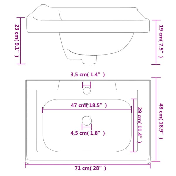 vidaXL håndvask, hvid, 71x48x23 cm, rektangulær, keramik
