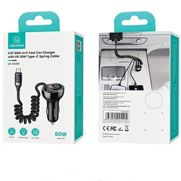 USAMS Biloplader C37 1xUSB+1xUSB-C 60W +USB-C Kabel 30W PD+QC Hurtigopladning sort/sort CC192CC01 (US-CC192)