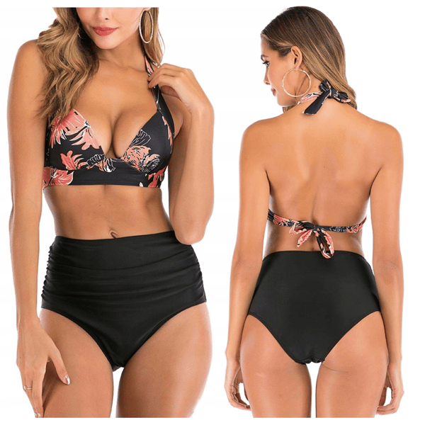 Slankande baddräkt, blommigt tryck, bikini med hög midja, S