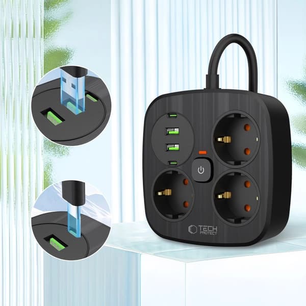 Tech-Protect PCS3X4 jatkojohto, 3 pistorasiaa, 2xUSB-A, 2xUSB-C 200 cm - musta