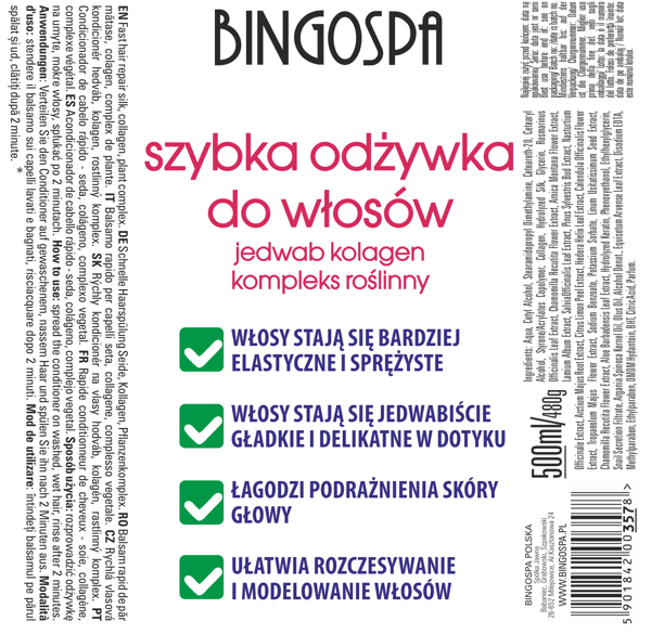 Bingospa Silk Collagen Plant Complex snabb hårbalsam 480g