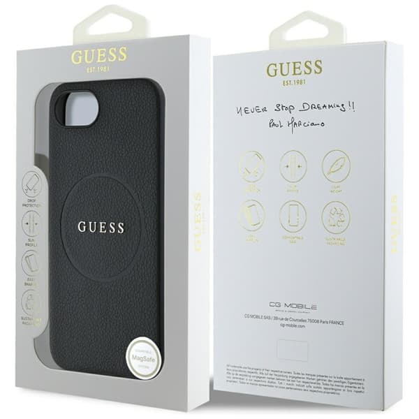 Guess Grained Ring MagSafe - iPhone 16e -suojakuori (musta)