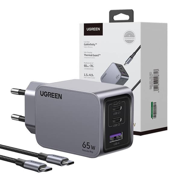 Ugreen Nexode Pro vægoplader, USB + 2x USB-C, 65W + 1,5m USB-C kabel (sort)