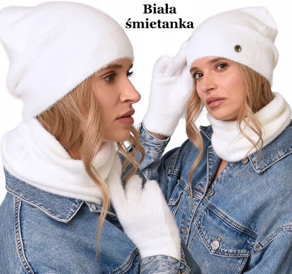 Vitt damset mössa + halsduk + handskar varmt vinterset