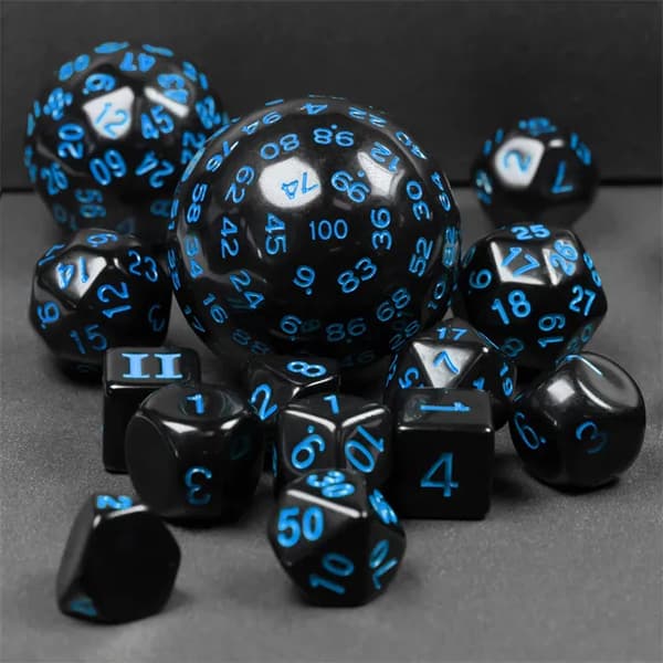RPG-tärningar svarta och blå set med 15 tärningar