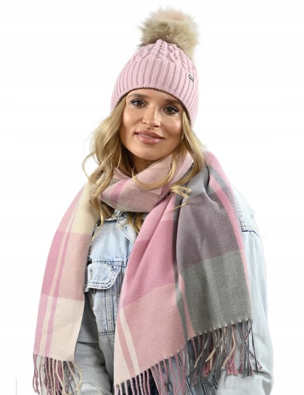 Damvintermössa i rosa med pompom, varm fleecemössa PL