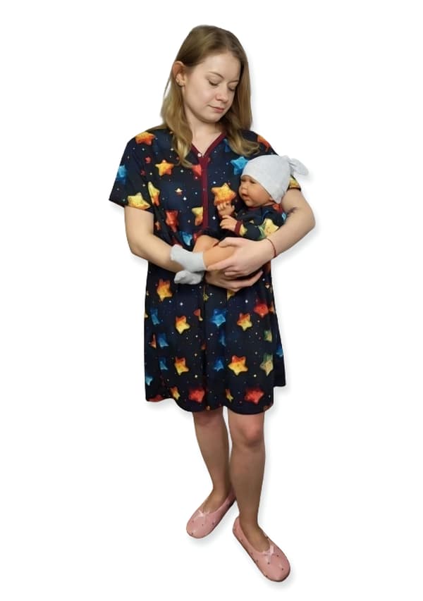 Ammekjole, korte ærmer, knappet, størrelse XL, stjerner + bodysuit 62