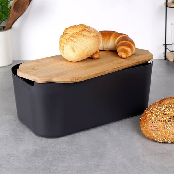 Sort brødboks med bambusplade 33x18,5x12 cm