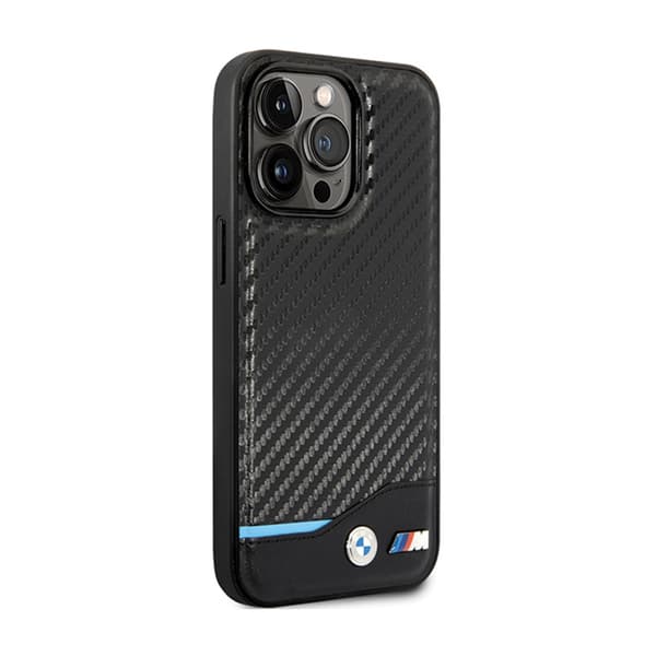 BMW Læder Carbon Blue Line - iPhone 13 Pro Max Etui (Sort)