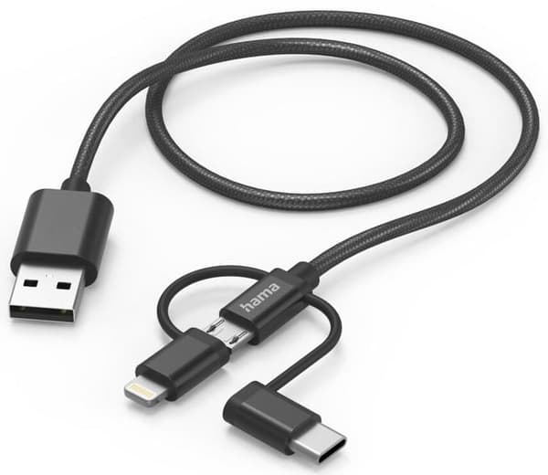 HAMA Sovitin 3in1 USB-A - microUSB/USB-C/Lightning-kaapeli 1.5m musta