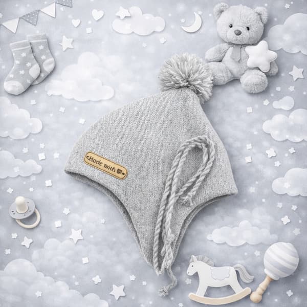 BABYHUE 38-40 DOBBELT med pompon Forår Efterår GRÅ