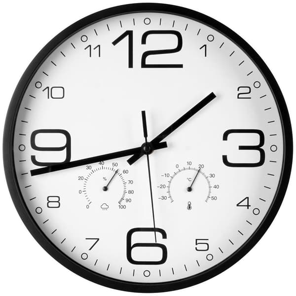 Hvidt vægur med termometer og hygrometer, 30 cm