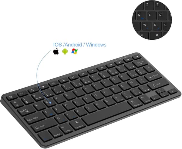 TRÅDLØST BLUETOOTH-TASTATUR SORT iOS Android PC AZERTY 28x12cm