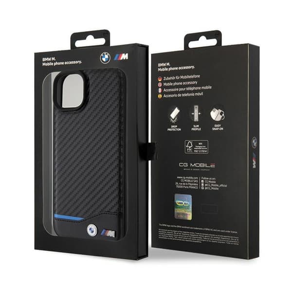 BMW Læder Carbon Blue Line - iPhone 15 Plus Etui (Sort)