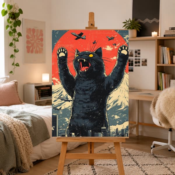 Mal efter nummer billede med ramme Godzilla katten 50x70 cm