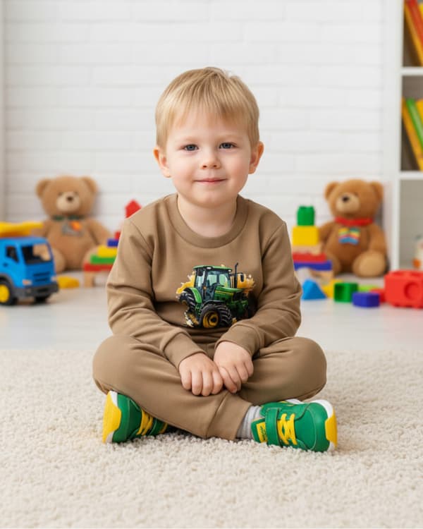 BARNPYJAMAS 116 för POJKAR 100% bomull TRAKTOR tryck beige