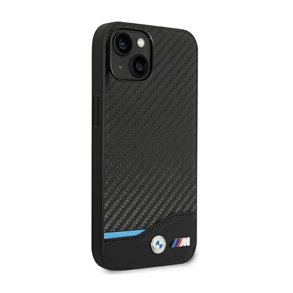 BMW Læder Carbon Blue Line - iPhone 14 Plus Etui (Sort)