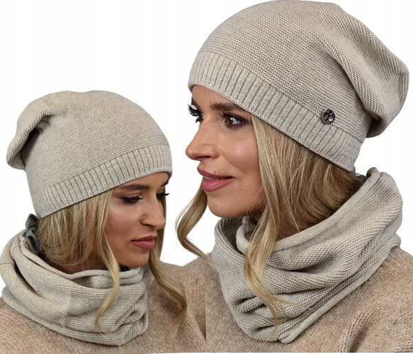 Varm dammössa med halsduk beige B1