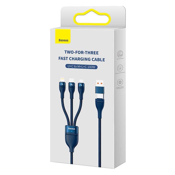 Baseus Flash Series 2 3in1 USB-kaapeli, USB-C + micro USB + Lightning, 100W, 1.2m (sininen)