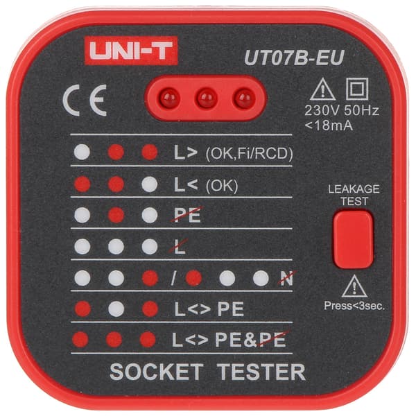 STIKKONTAKTSTESTER MED RCD-KONTROLFUNKTION UT-07B-EU UNI-T
