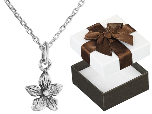 Långt silverhalsband för kvinnor med blomma, oxiderat silver, Ankier 55 cm