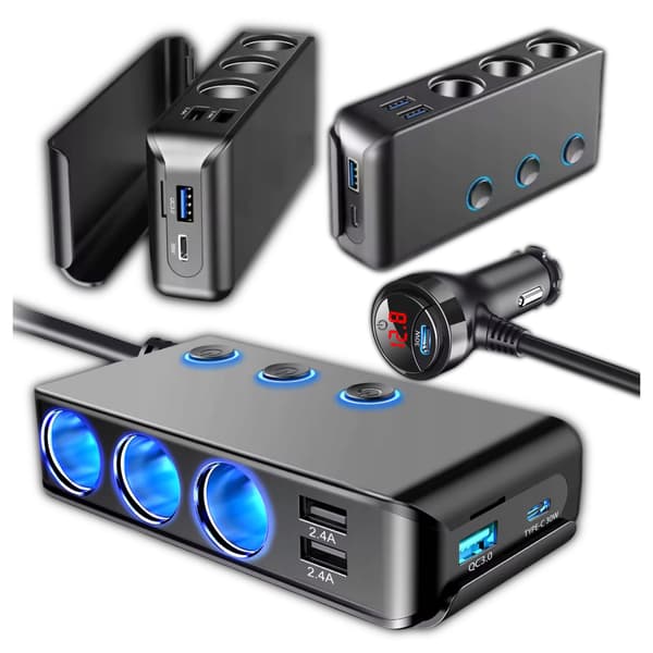 Bil cigarettænderstik splitter 12-24V 3xUSB UBS-C adapter