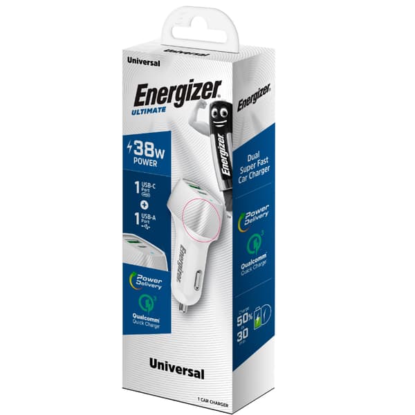 Energizer Ultimate - USB-C & USB-A Billaddare 38W PD + QC3.0 (Vit / Silver)