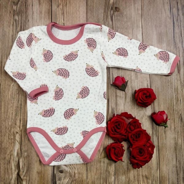 Body för prematur 50 långärmad 100% bomull igelkottar rosa