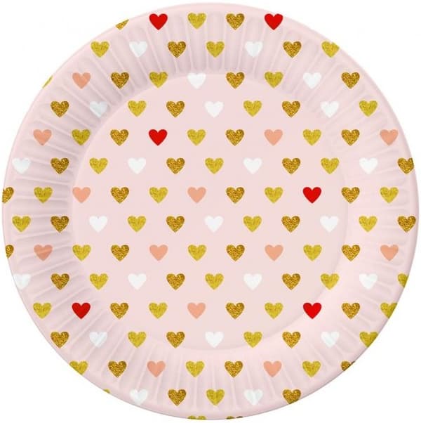 Lyserøde paptallerkener med hjerter 18 cm 6 stk.