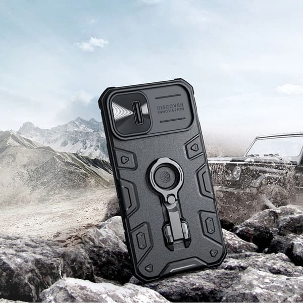 Nillkin CamShield Armor Pro-cover til iPhone 14 Plus – pansret cover med kameracover, ringstativ, sort