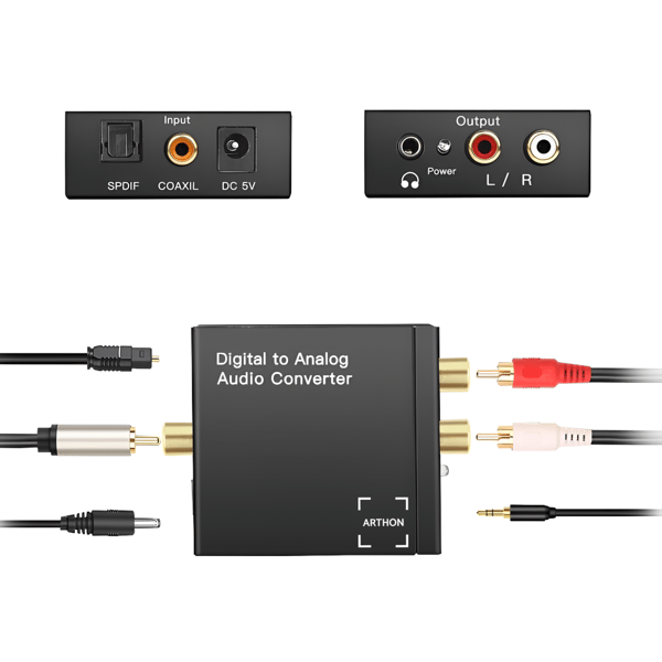 TOSLINK koaksial til analog L/R audio + 3,5 mm jack lydkonverter