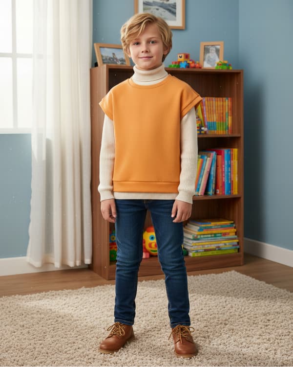 Børneponcho 146 vest kappevarmer bomuld fluffy abrikos