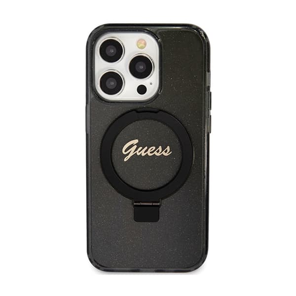 Guess Ring Stand Script Glitter MagSafe - iPhone 15 Pro Max-skal (svart)