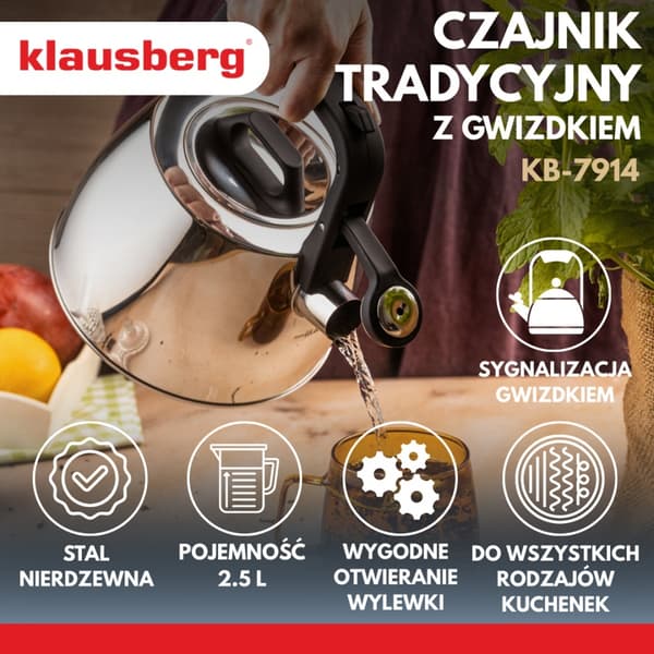 STÅLKEDEL MED FLØJTE 2,5L KLAUSBERG KB-7914