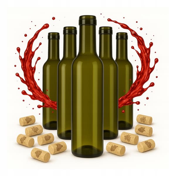 Set med 70 bruna glasflaskor 375 ml för vin, sirap, olja, vinäger, alkohol
