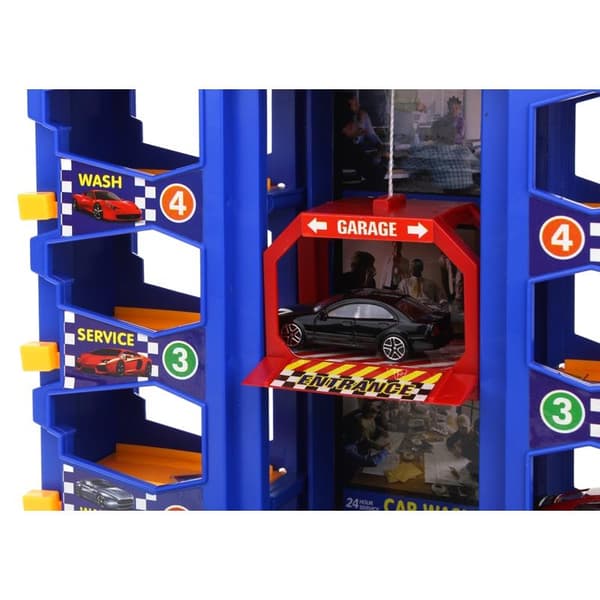 Parkering i flere niveauer, garage med elevator, helikopter og biler