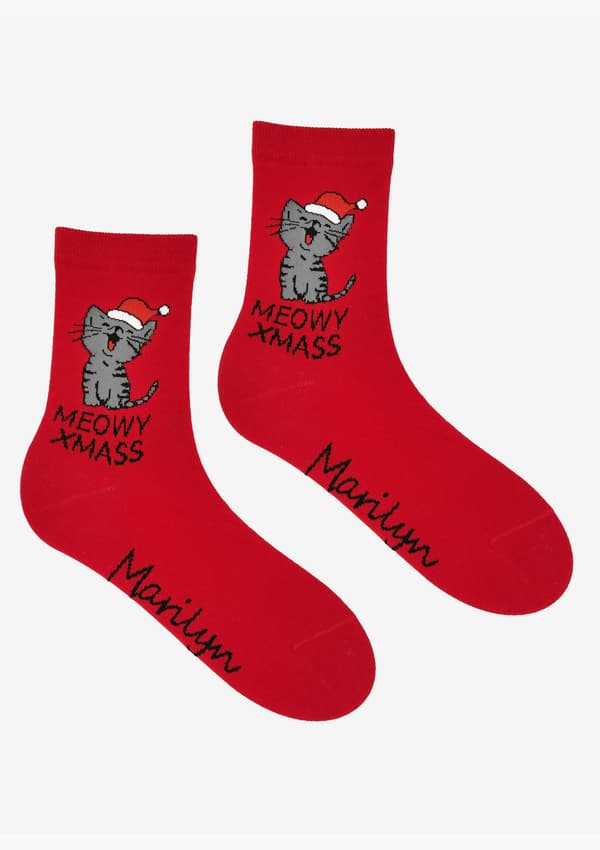 Damjulstrumpor - Meowy Xmass 36/40 RÖD