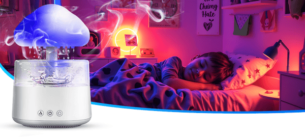 Stor svampelignende luftfugter, natlampe, LED-regndiffuser + 3 olier