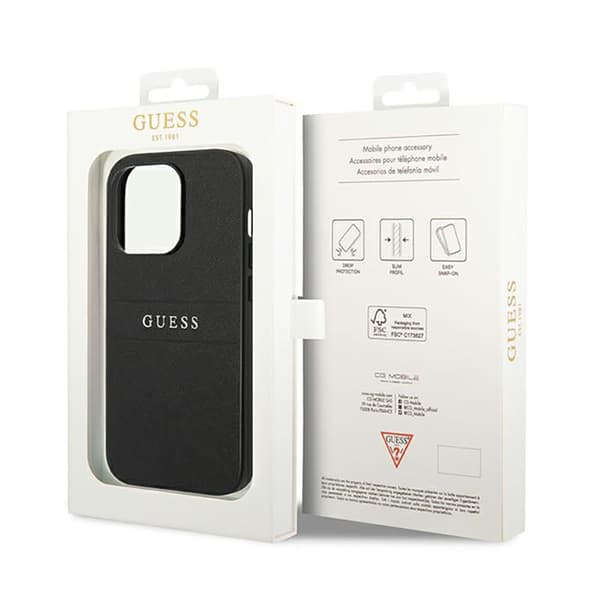 Guess Saffiano Metal Logo Raidat - iPhone 14 Pro -kotelo (Musta)