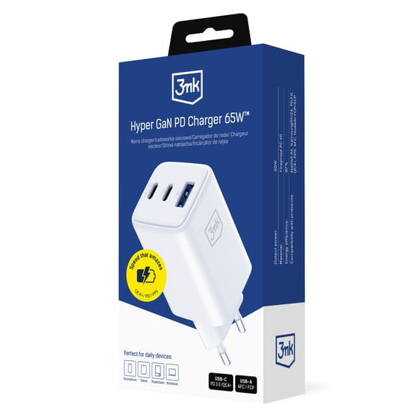 Tilbehør - 3mk Hyper GaN Oplader 65W QC4+ PD PPS USB 1A2C Hvid EU
