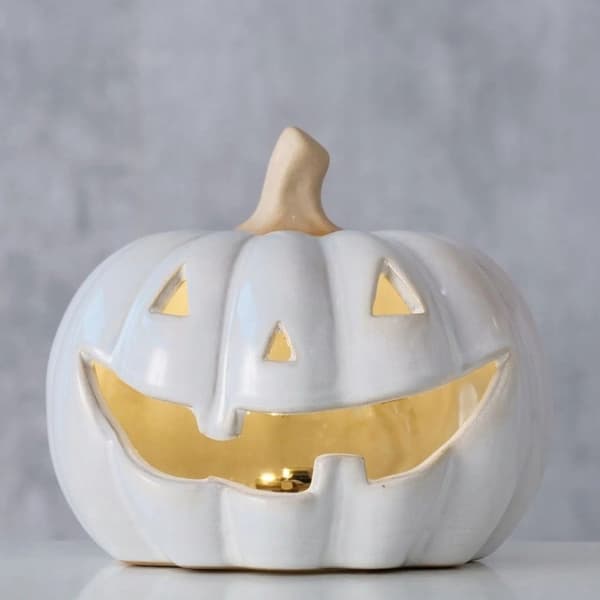 Græskar LED-lanterne, porcelæn, hvid, dekorativ til Halloween og efterår