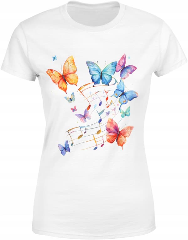 DAME T-SHIRT MED DYR, SOMMERFLUGE, MUSIKNODER, PRINT, BOMULD, M