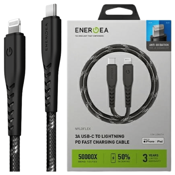 ENERGEA Nyloflex USB-C - Lightning C94 MFI-kaapeli 1,5 m musta/musta
