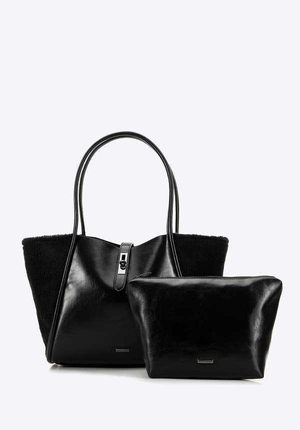 Wittchen dame shopper taske med pelsindsatser, sort, ecolæder