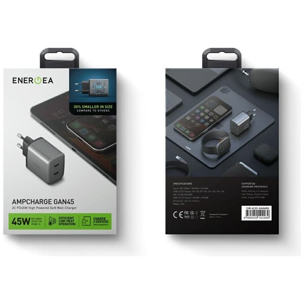 Energea Ampcharge GaN45 2xUSB-C PD/PPS/QC3.0 45W Harmaa Seinälaturi