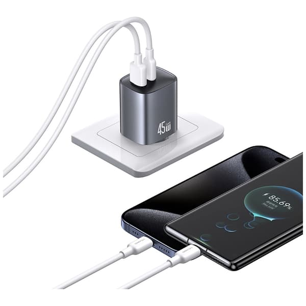 USAMS CC290 T66 45W GaN Vægoplader 1xUSB-A 1xUSB-C Sølv