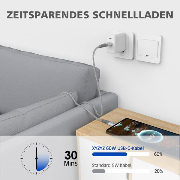 2x USB C TIL USB C HURTIGOPLADNINGSKABEL GRÅ 60W 20V 3A 2M