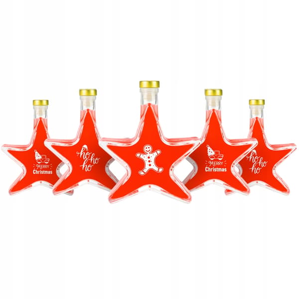 5x STJÄRNFLASKOR 200ml MED JULTRYCK för likör, tinktur, present